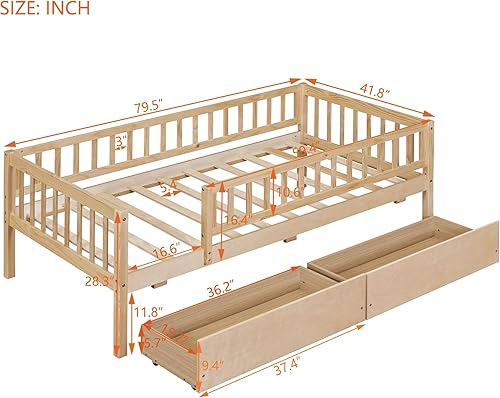 Miniatura 2 de Base de cama para niños de tamaño individual con 2 cajones, sofá cama individual de madera con valla, marco de cama de almacenamiento tamaño