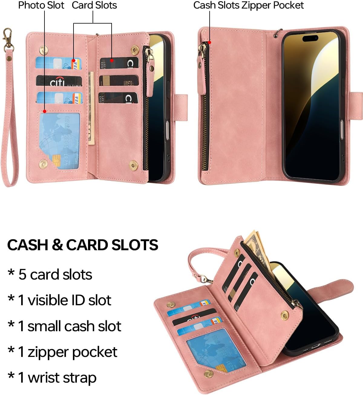 RANYOK Wallet Case Compatible with iPhone 17 Pro Max Case, with 6 Card Holder RFID Blocking, PU Leather Zipper Flip Wallet Pocket, Kickstand, Wrist Strap | Protective Phone Cover, Pink - Image 3