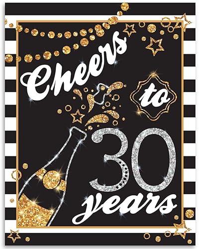 Cheers To 30 Years Champagne Print - 30th Birthday Cool Decorations, Reunion Party Decor and Birthday Anniversary Gift, 11x14 Unframed Art Print