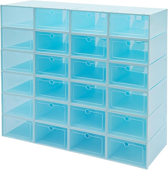 WooDerson 24 Pack Shoe Boxes, Shoe Box Set, Clear Plastic Stackable Shoe Boxes, High Quality PP and HIPS Materials, Foldable Design, 33 x 23 x 14 cm (Black)