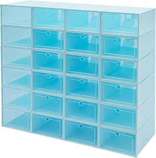 UHDUIG 24 cajas de zapatos transparentes apilables con tapa transparente diseño plegable PP de alta calidad para zapatillas de deporte, zapatos planos, zapatillas (redondas, azules)