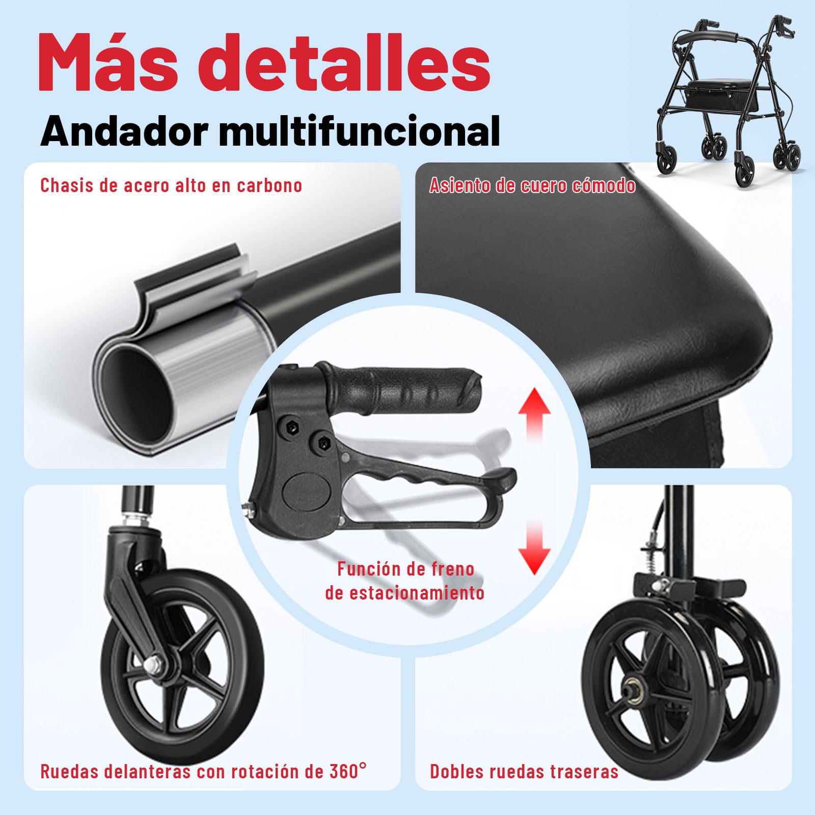 R5 andador ultraligero plegable(con asiento) para ancianos, estructura resistente de acero al carbono, ajuste de altura, sistema de freno/estacionamiento, apto para interiores y exteriores terrenos