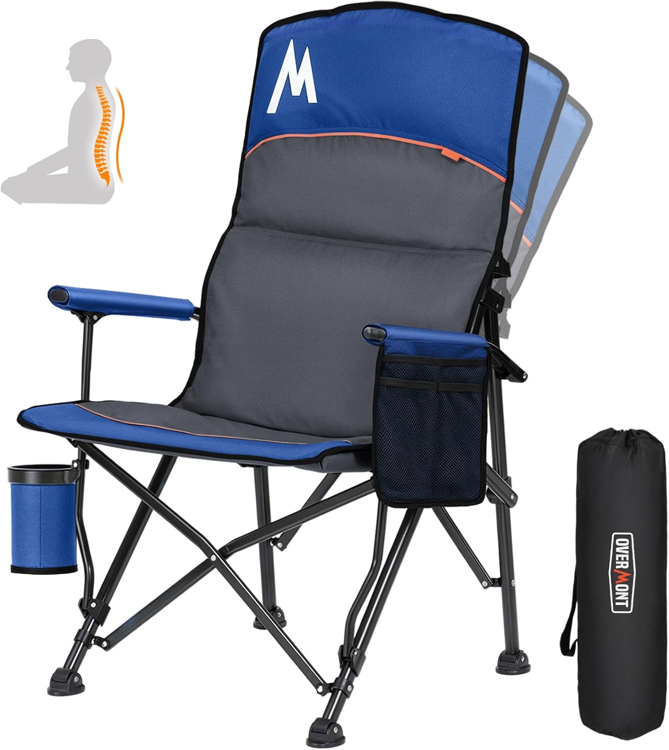 Overmont Back Support Camping Chair for Adults - Oversized with Adjustable High Backrest - Heavy Duty Folding Chair Supports 500 LBS - Cup Holder & Side Pocket  Perfect for Outdoor, Lawn, Beach Blue