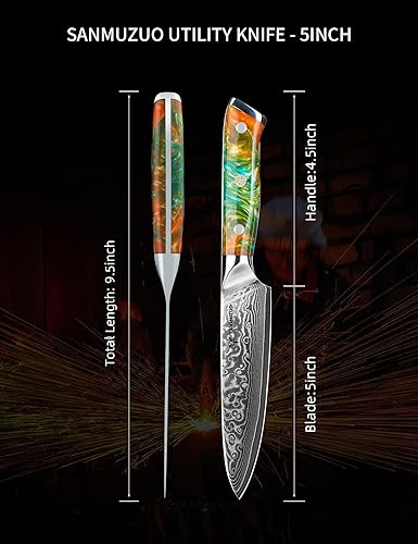 Miniatura 4 de SANMUZUO Cuchillo de cocina de 5 pulgadas cuchillos de cocina de la serie Xuan acero de Damasco VG10 con mango de resina naranja fantasía