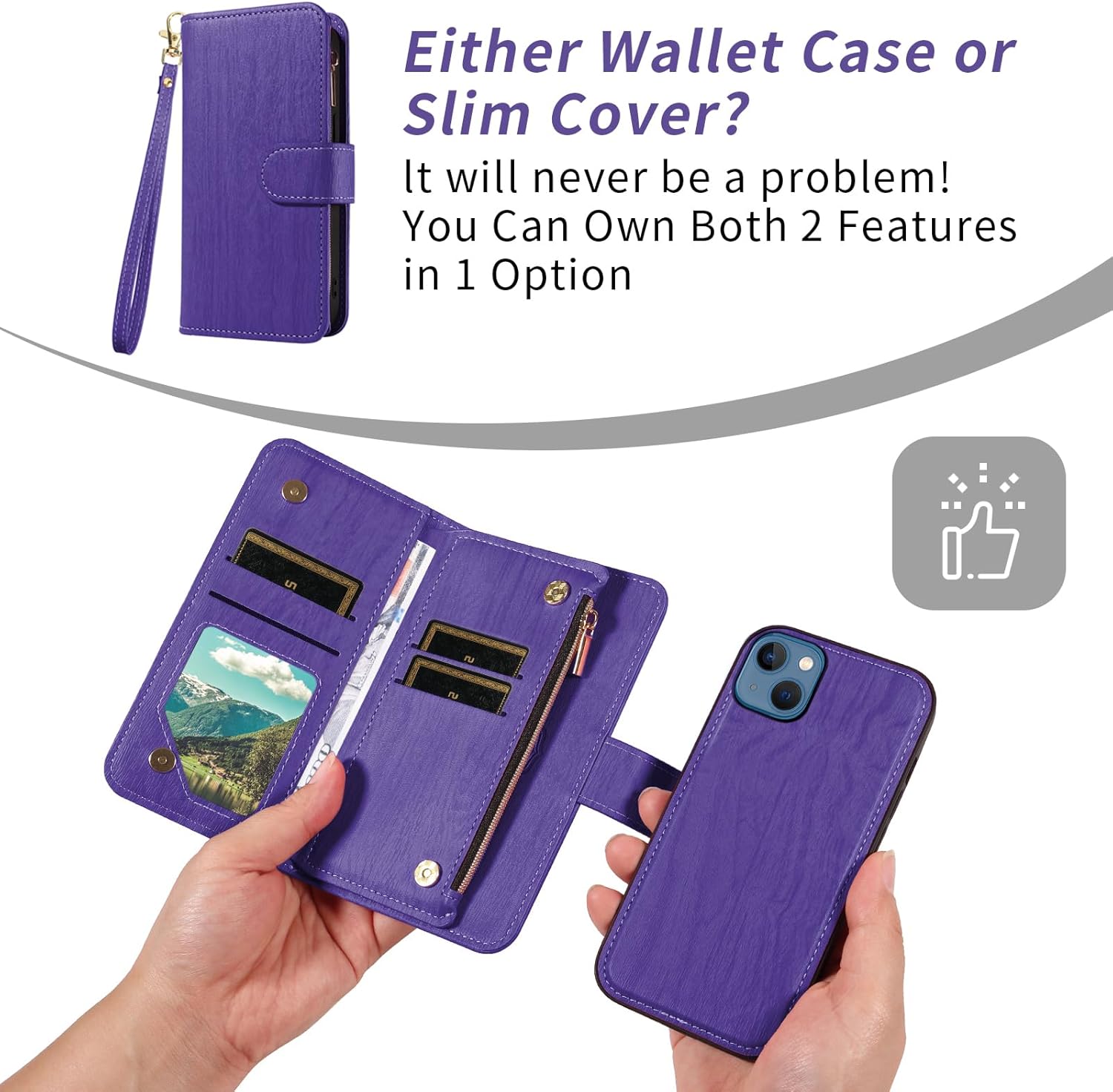 Asuwish Phone Case for iPhone 13 Mini 5.4 inch Zipper Wallet Cell Cover with Tempered Glass Screen Protector Strap Card Holder iPhone13mini i-Phone 13minicase i iPhone13 13mini Women Girls Dark Purple