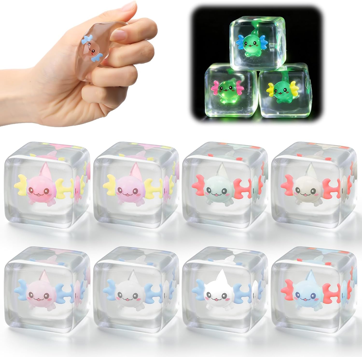 Civaner 8 Pcs Squisheez Stress Cube Fidget Toys for Adults, Squeeze Sensory Glow in the Dark Toys with Autism Stress Balls, Sqeeze Cube with Colorful Animal Favors (Axolotl)