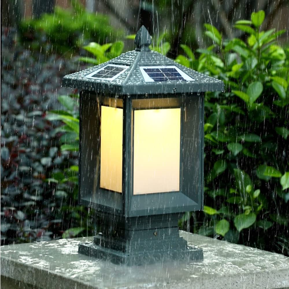 Zewnętrzna lampa solarna LED, automatyczne włączanie/wyłączanie, konstrukcja okna, vintage, aluminium, odlew ciśnieniowy, akrylowy, abażur, filar, oświetlenie zewnętrzne, proste