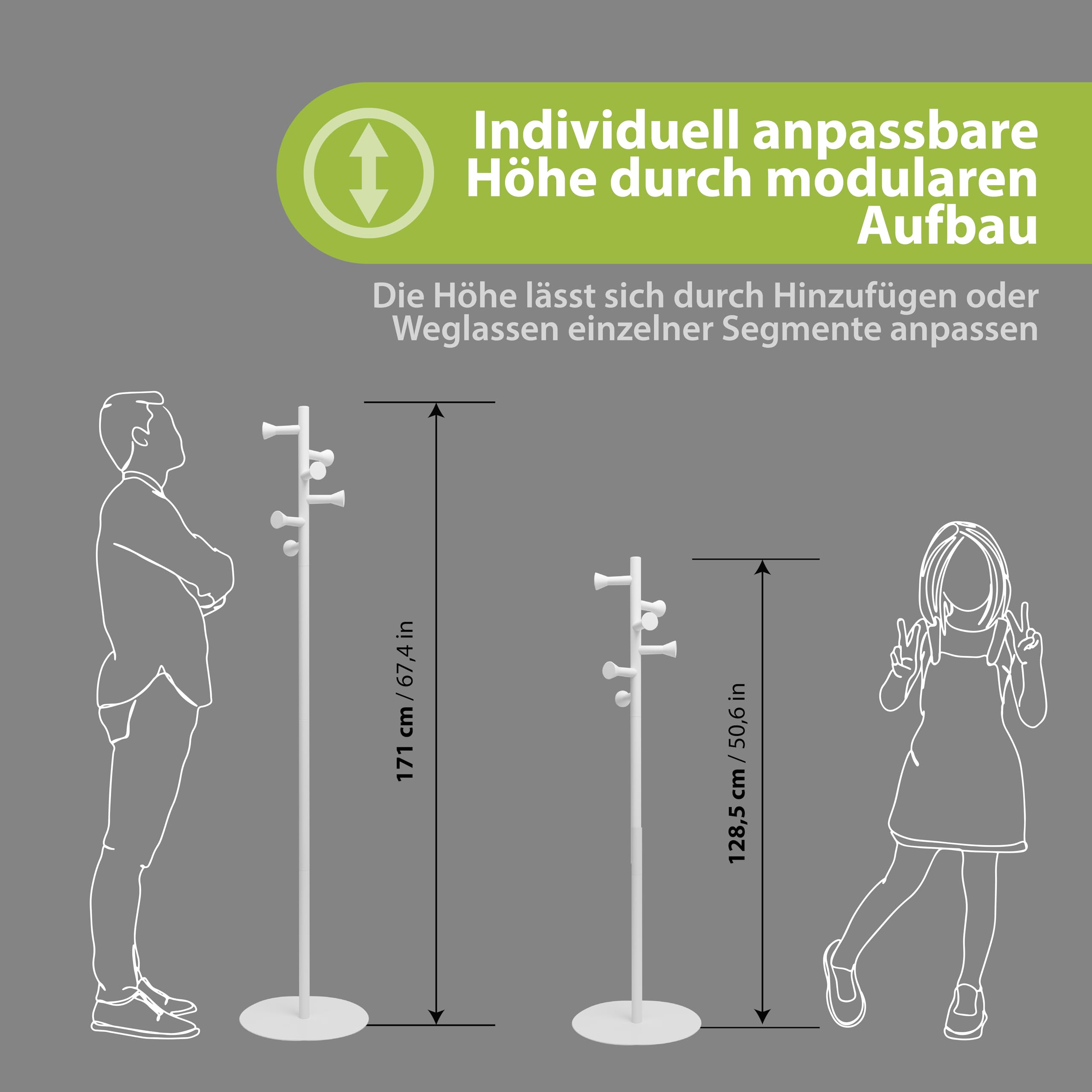 Garderobenständer weiß aus Metall, Kleiderständer klein, keine sichtbaren Schrauben, stabil und platzsparend, minimalistisches Design, Flurgarderobe für kleine Räume (WEISS MATT)