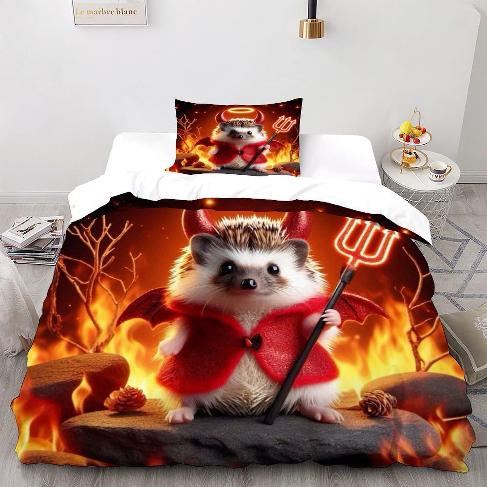 Demon Hedgehog Bedding Set for Comforter Polyester Animal Duvet Cover 2 Pieces for Children Teens And Adults -1 Pillow Shams, Single（135x200cm）