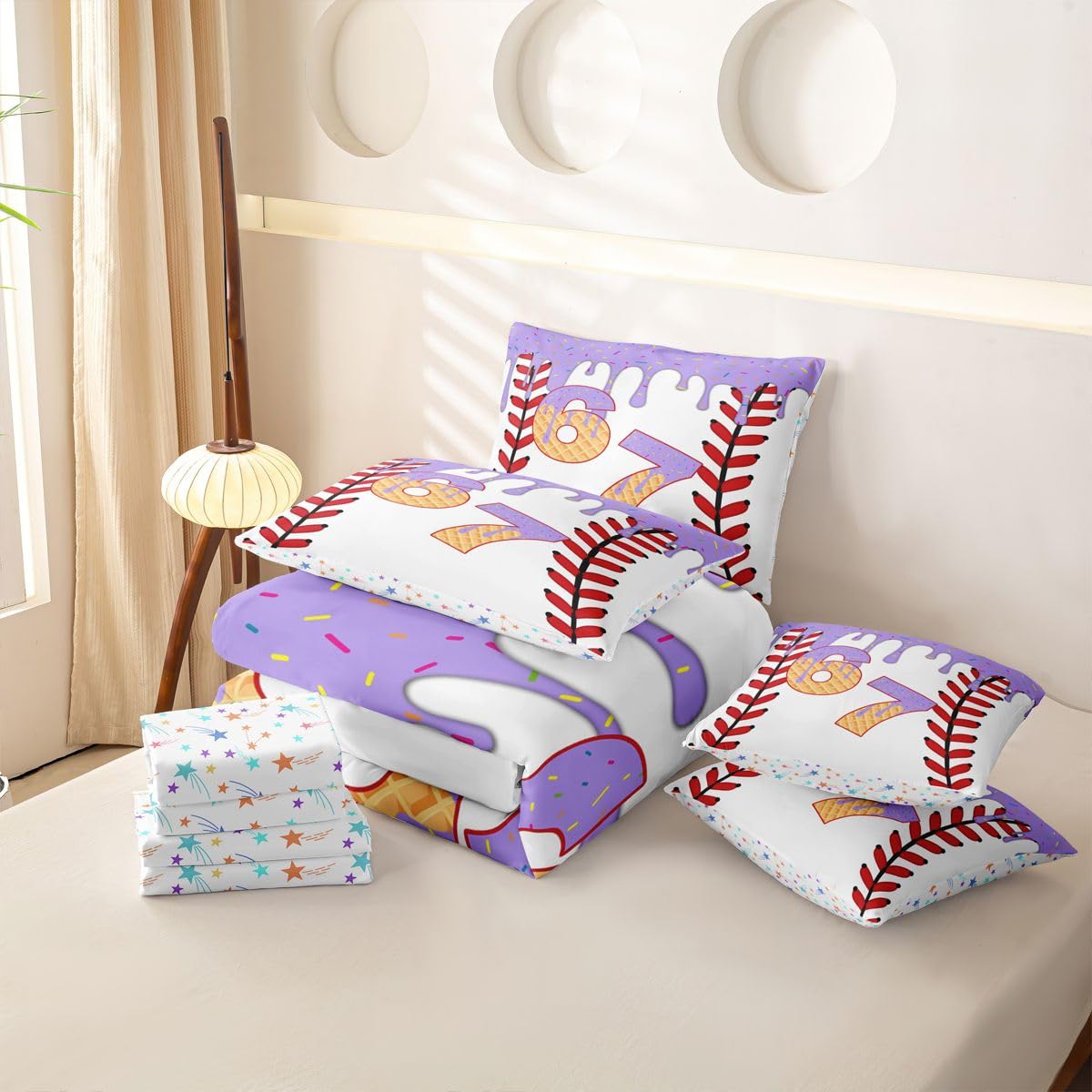 Loussiesd SIX SEVEN 6 7 copripiumino singolo 7 pezzi Baseball Gaming set di biancheria da letto per bambini ragazzi ragazze gioco palla letto in una borsa con copripiumino, lenzuola, federe, federe