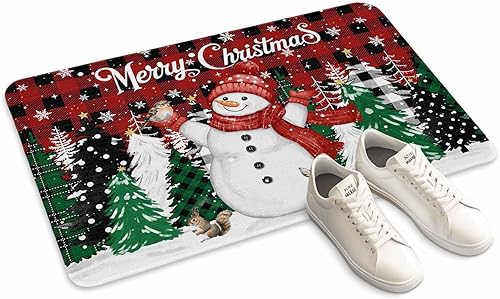 Vista 55 de Tapete de Feliz Navidad, tapete antideslizante para puerta delantera, baño, cocina, dormitorio, patio, entrada, 16 x 24 pulgadas, rojo, negro y verde