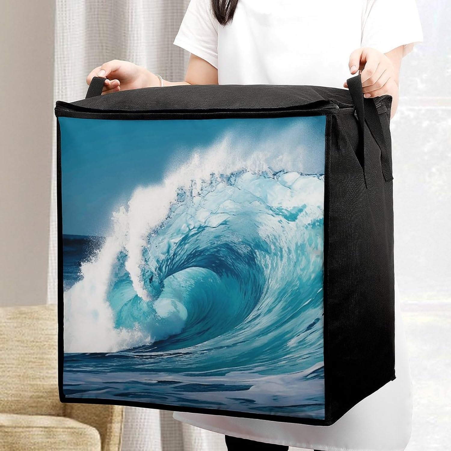 Ocean Wave Storage Bag with Zippers And Handle Extra Large Bedding Comforter Storage Bag Foldable Blanket Storage Bags Fabric Moving Bags for Closet Organizer (70L)