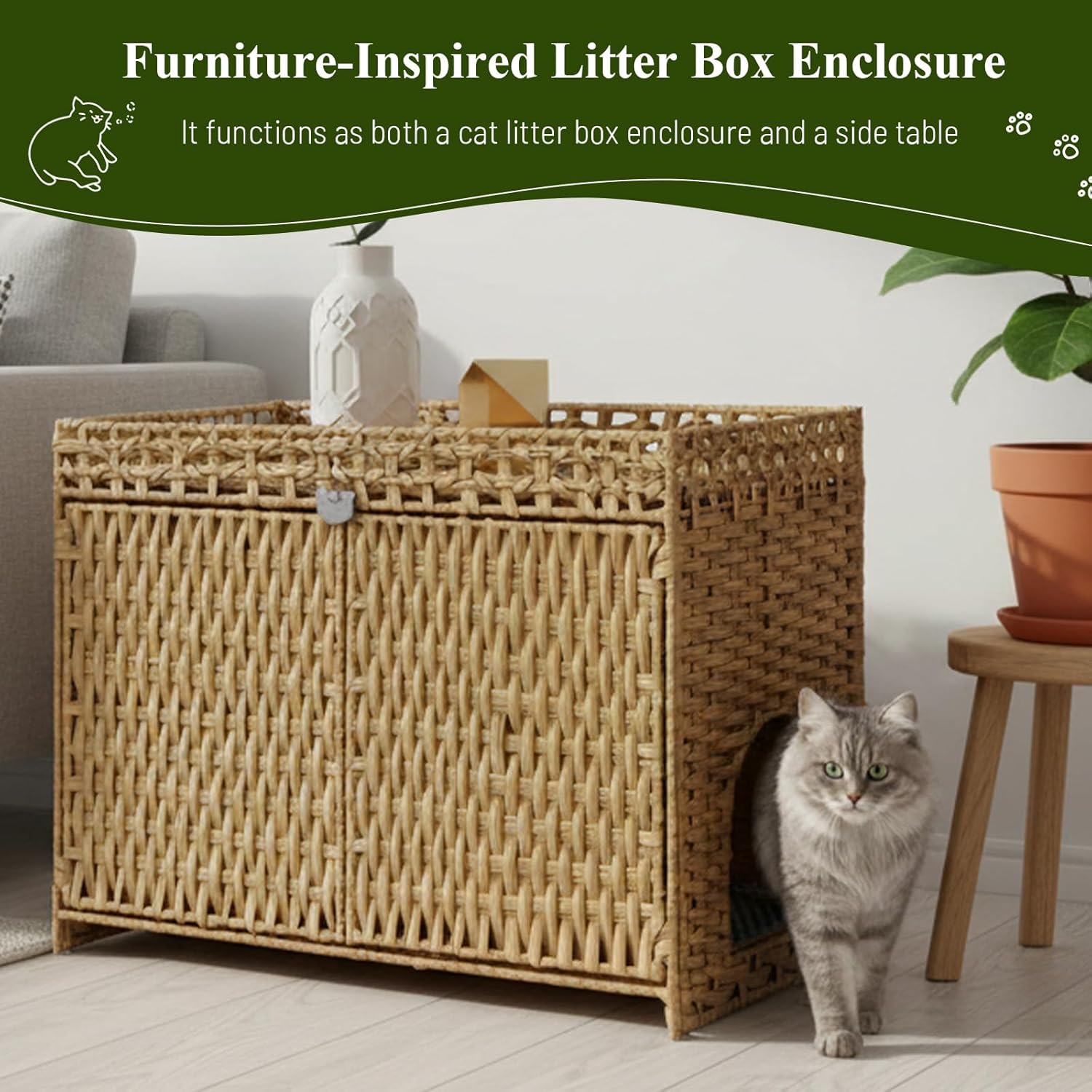 Neti Neti Cat Litter Box Enclosure Furniture, A Calm Enclosed Space Chosen by Cats, Handwoven Rattan Hidden Cabinet with 2 Removable Mats, Large Foldable Design for Indoor Use, Large, Natural