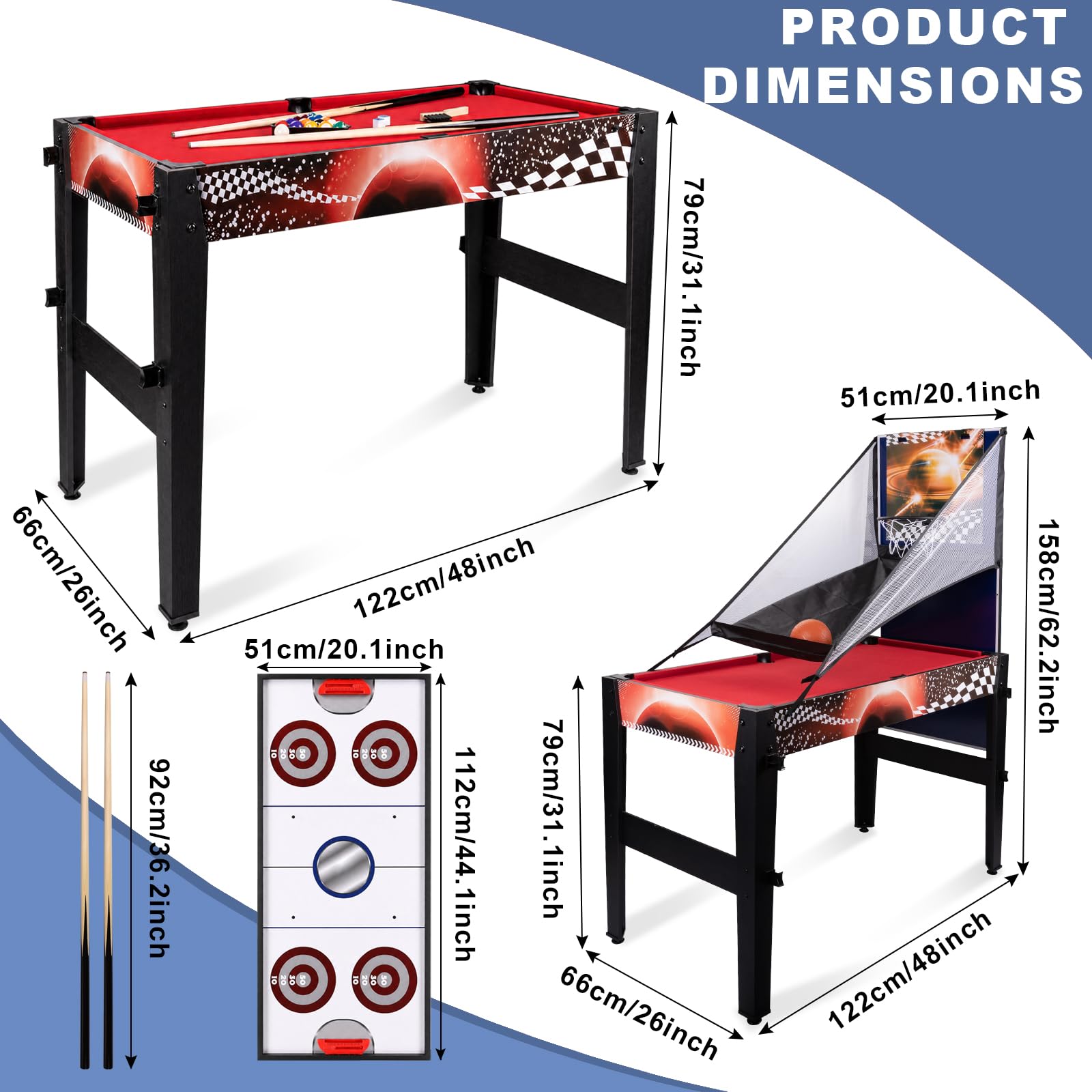 Mesa multijuego plegable 14 en 1, Billar, Ping Pong, Hockey, Baloncesto, 1,2 m