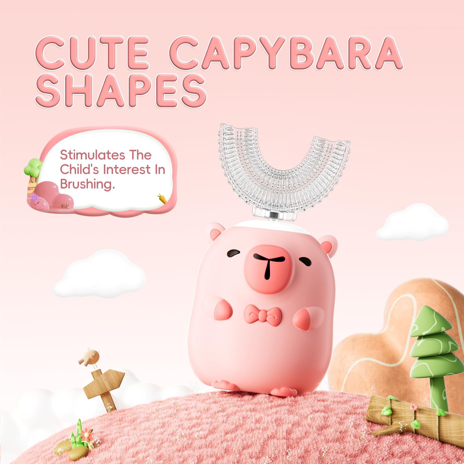 Spazzolino elettrico per bambini a forma di U - Cartoon Capybara con 6 testine | Spazzolino da denti automatico per bambini con grado di pulizia completa della bocca con IPX7 impermeabile (rosa, 2-14 anni)