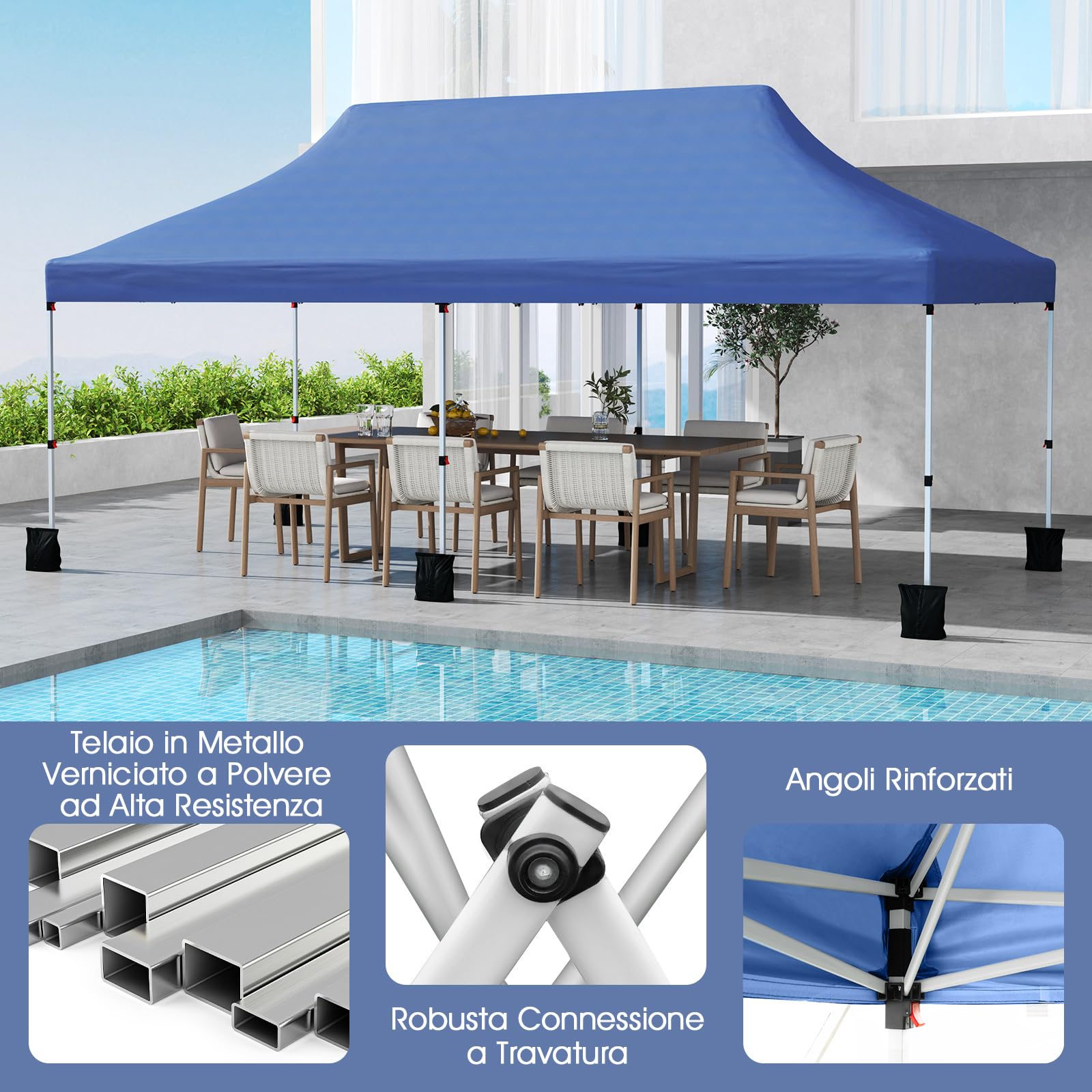 COSTWAY Gazebo Pieghevole da Giardino 3 x 6m, Gazebo Pop-up con Borsa da Trasporto, Regolabile in Altezza, per Feste (Blu)