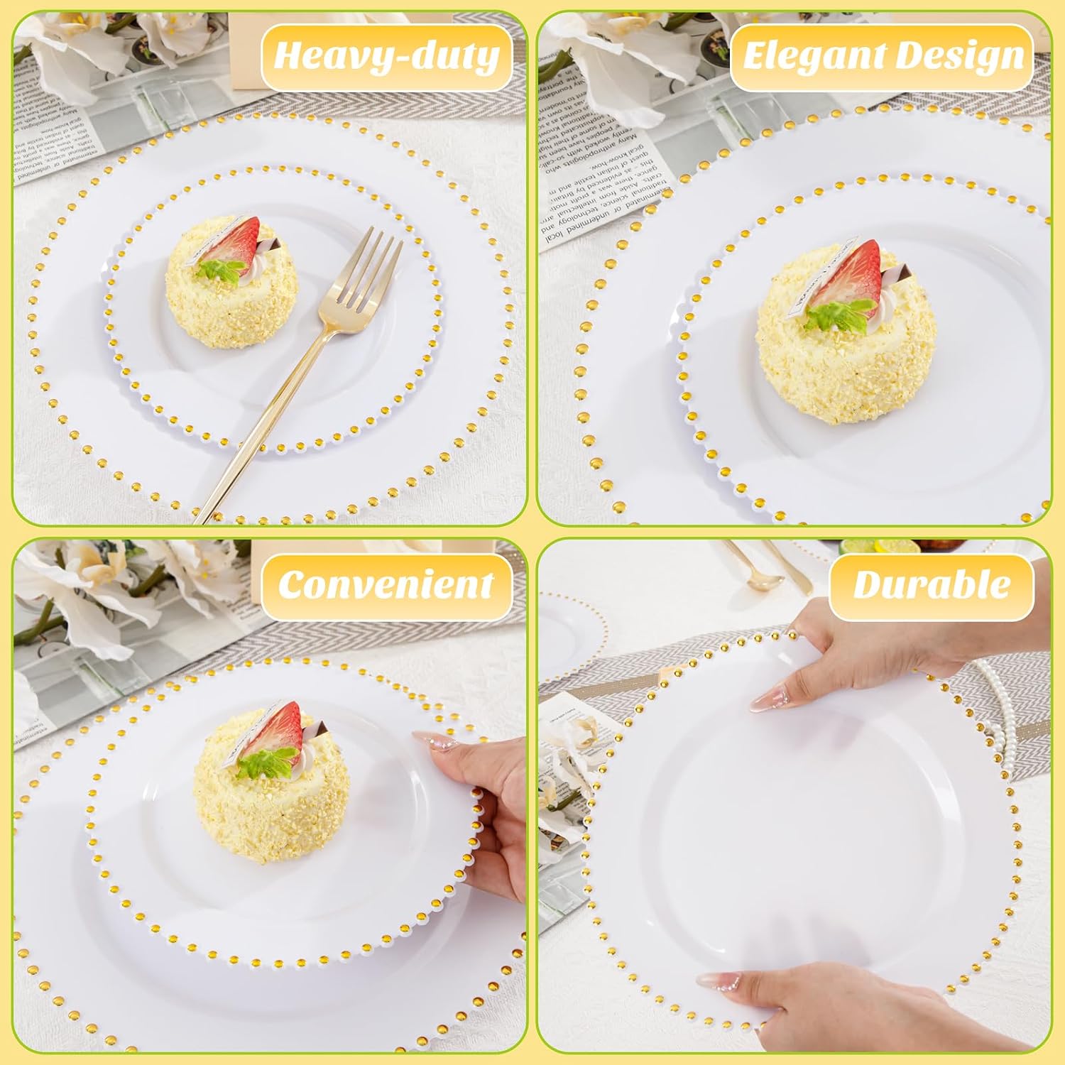 LIYH 150 Pcs White and Gold Plastic Plates - Elegant Disposable Gold Plastic Dinnerware set Include Dinner & Dessert Plates Cups for Birthday Party Wedding 30 Guests