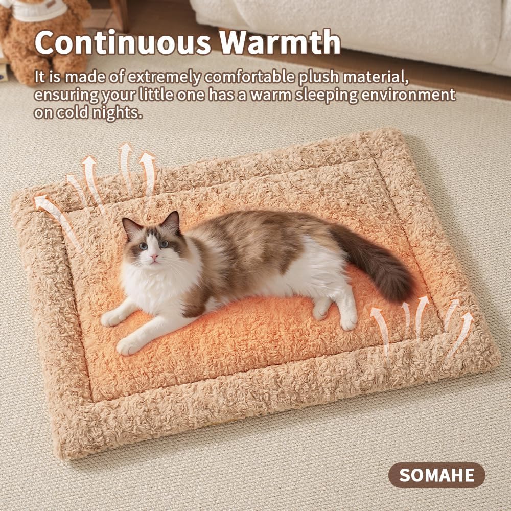 Self Warming Cat Bed Mat, Washable Self Heating Cat Mat, Extra Warm Thermal Pet Pad with Non-Slip Bottom, Soft Plush Faux Fur for Indoor Pet Sleep Cushion, 23x15 Inch Latte