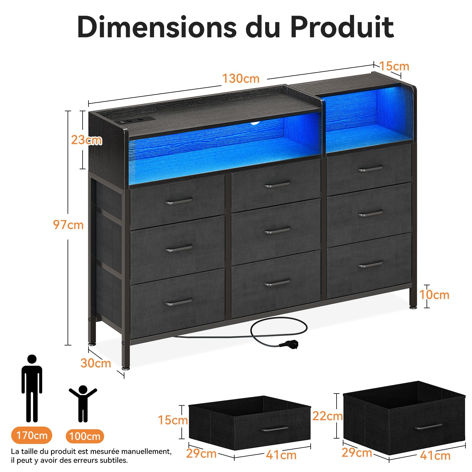 ODK Commode Chambre Adulte, Armoire de Commode avec 2 Prises de Courant, 2 USB et 10 Bandes LED de Couleur, avec 9 Tiroirs en Tissu pour Chambre à Coucher Salon, 130 * 30 * 97cm, Noir