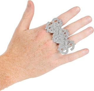 Dollar Sign Costume Ring with Silver Finish & Gems - Money Symbol 3 Finger Ring for Hip Hop Rapper, Pimp, & Party Outfits Standard