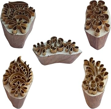Royal Kraft Floral Brass Wooden Stamps Set of 5 for Block Printing on Clay, Pottery, Fabric BHtag0066