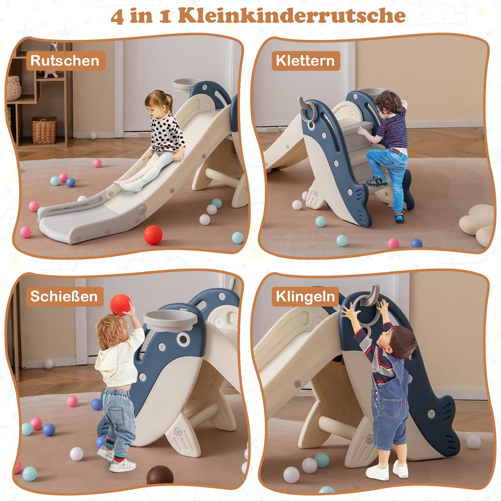 COSTWAY Kinder Rutsche, freistehendes Baby-Rutschespielset mit Basketballkorb, Ringwurf, Ball, Inflator & Ringen, Kinderrutsche Klappbar, Indoor & Outdoor Spielplatz für Kinder ab 3 Jahren