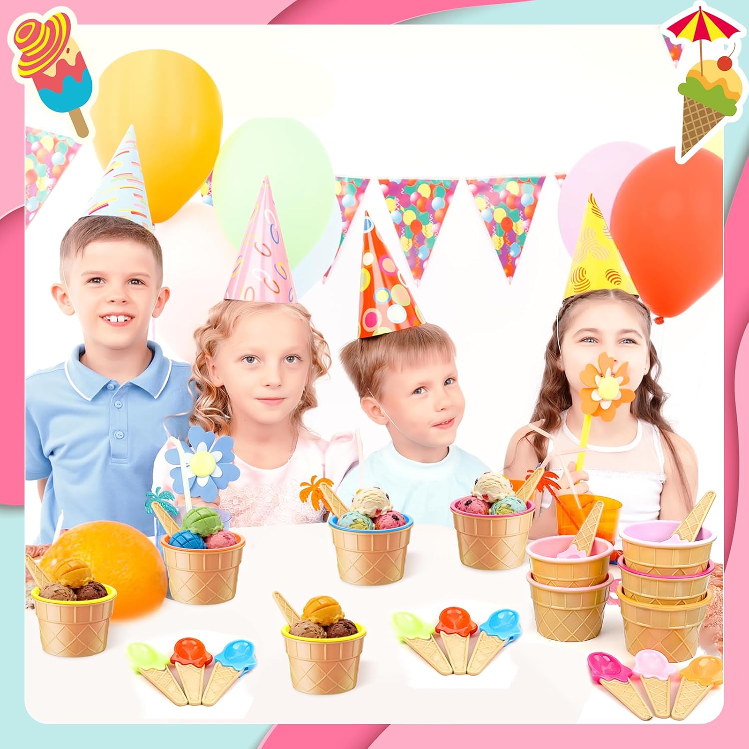 24 Sets End of Year Gift Ice Cream Bowls and Spoons Set Reusable Plastic Candy Color Ice Cream Bowls Set with 24 Cards 24 Flat Bags 8 Ribbons Graduation Student Gift for School Prizes Party Goodie Bag