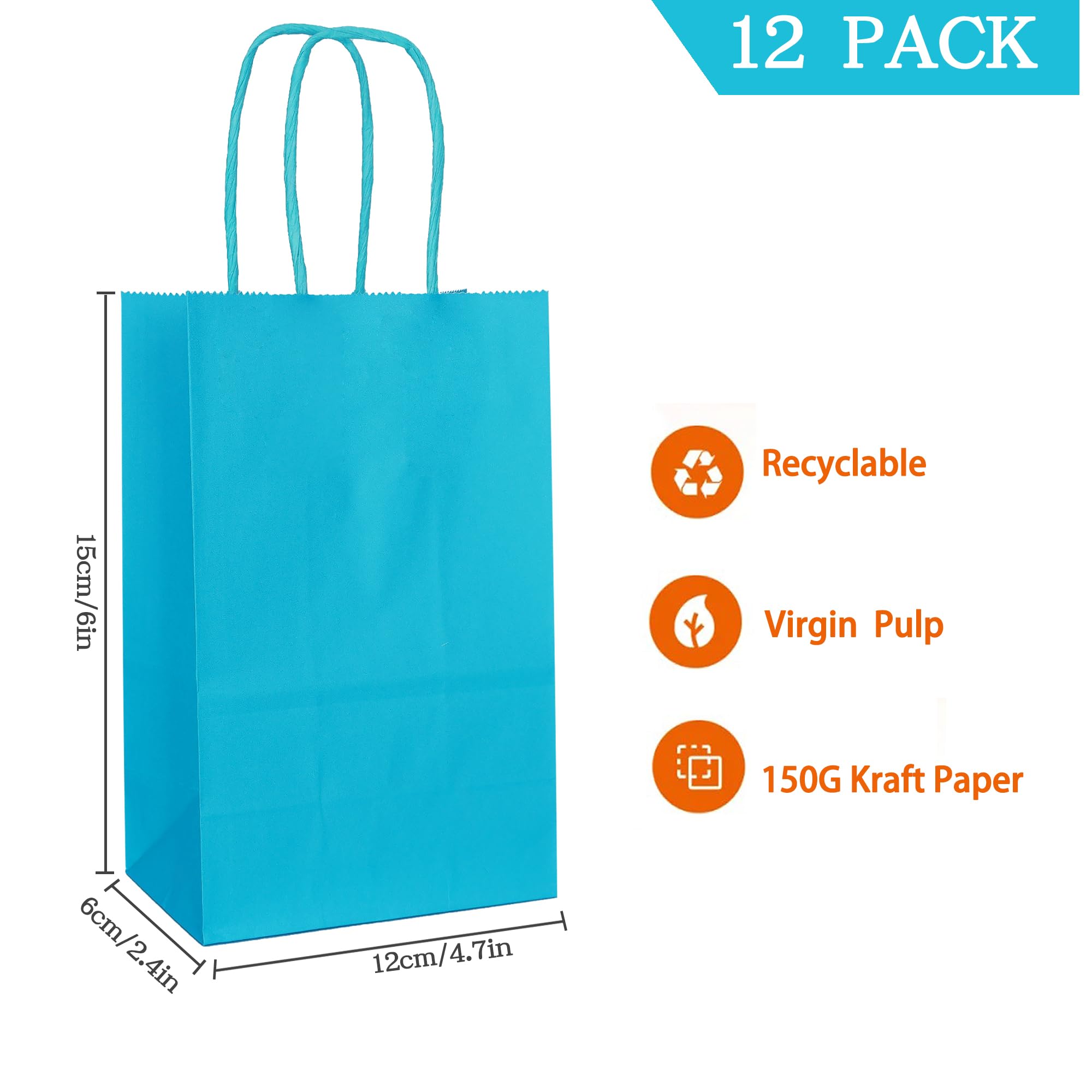 AZOWA Teal Gift Bags with Handles Mini Kraft Paper Bags for Party Favors (6 x 2.4 x 4.7 in, Teal, 12 Pcs)