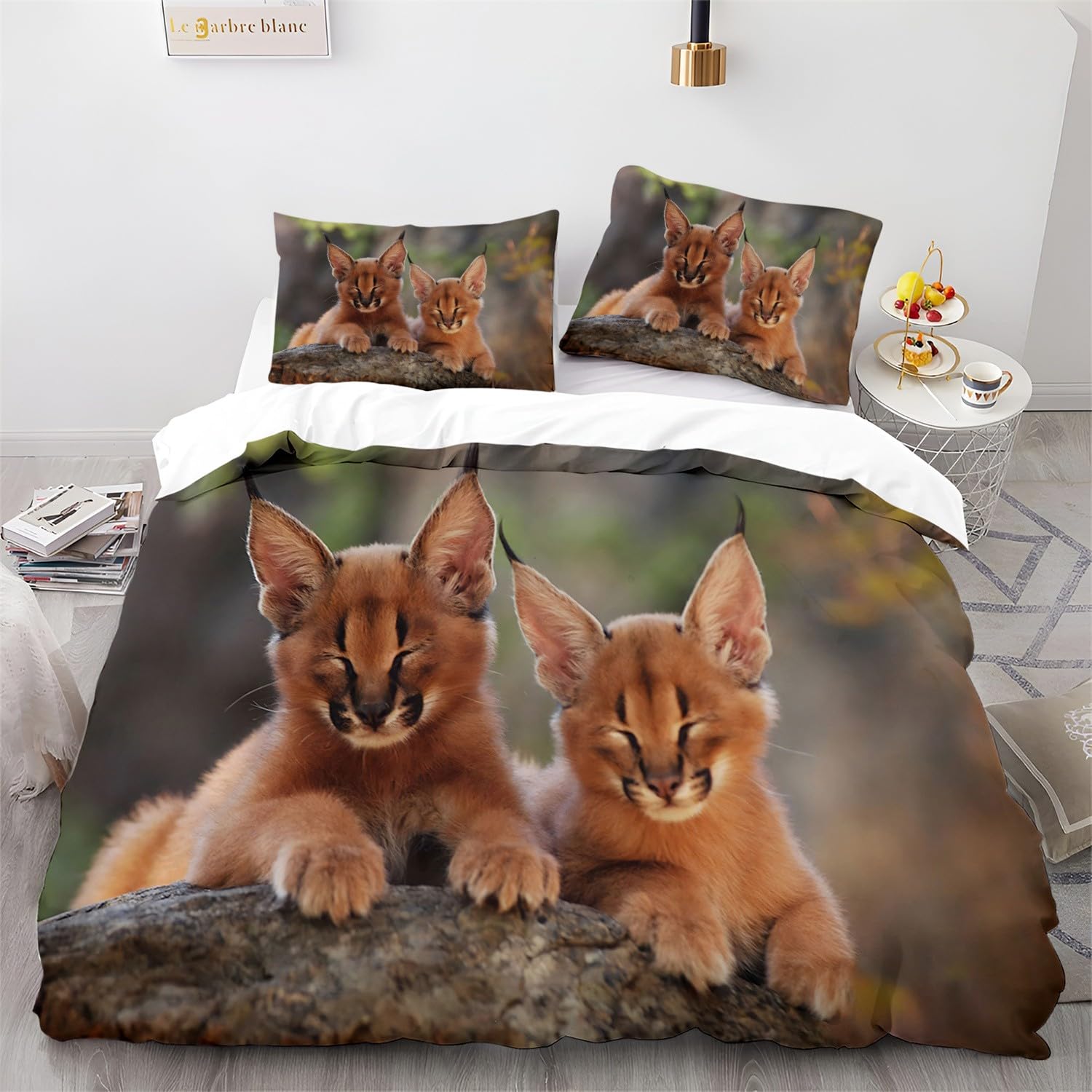 Duvet Cover Set Animals Two Caracals Pattern Printed Bedding Duvet Cover with Zipper 3 Pieces for Girls, Boys and Teens Brown Comforter Cover Super King Size