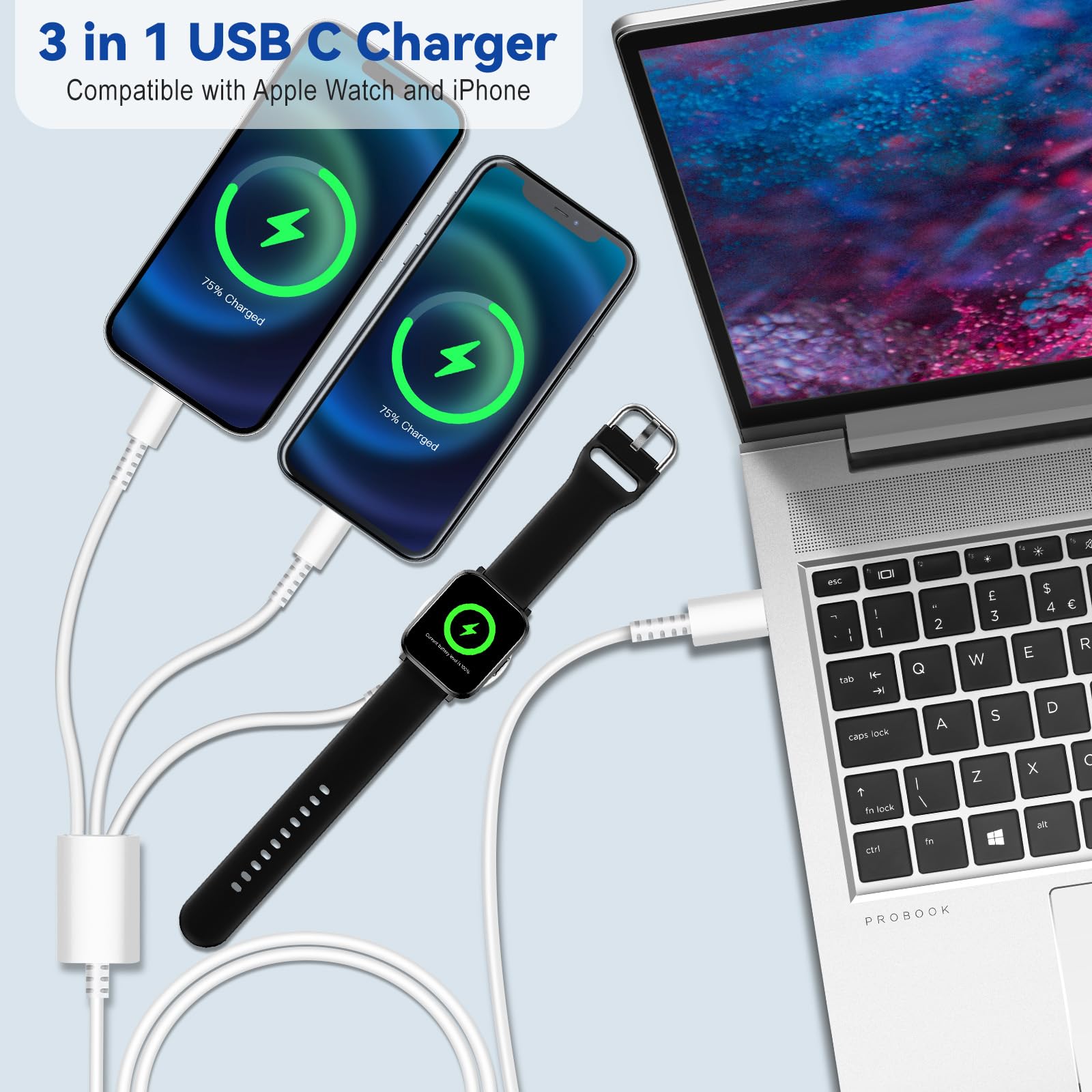 Watch Charger for Apple iWatch 3 in 1 Charger Cable for iPhone iPad Android Devices Wireless Charging Dock for iWatch Series 10/9/8/7/6/5/4/3/2/SE/SE 2/Ultra/Ultra 2 (1.2m, White)