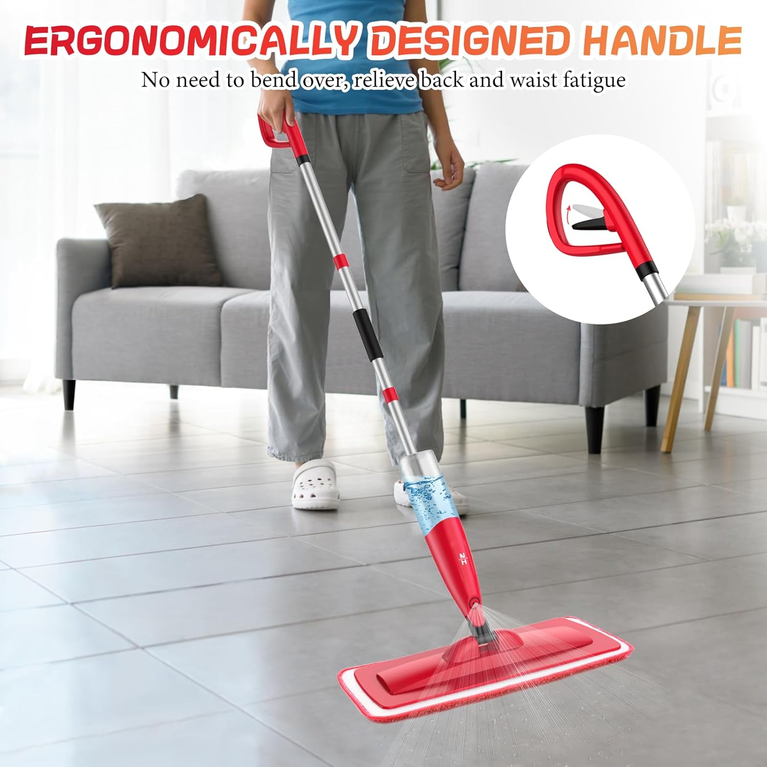 NileHome Mops for Floor Cleaning, Spray Mop with 580ml Refillable Bottle and 2 Replacement Pads Floor Mop for Household Commercial Hardwood Laminate Tile Ceramic, Red