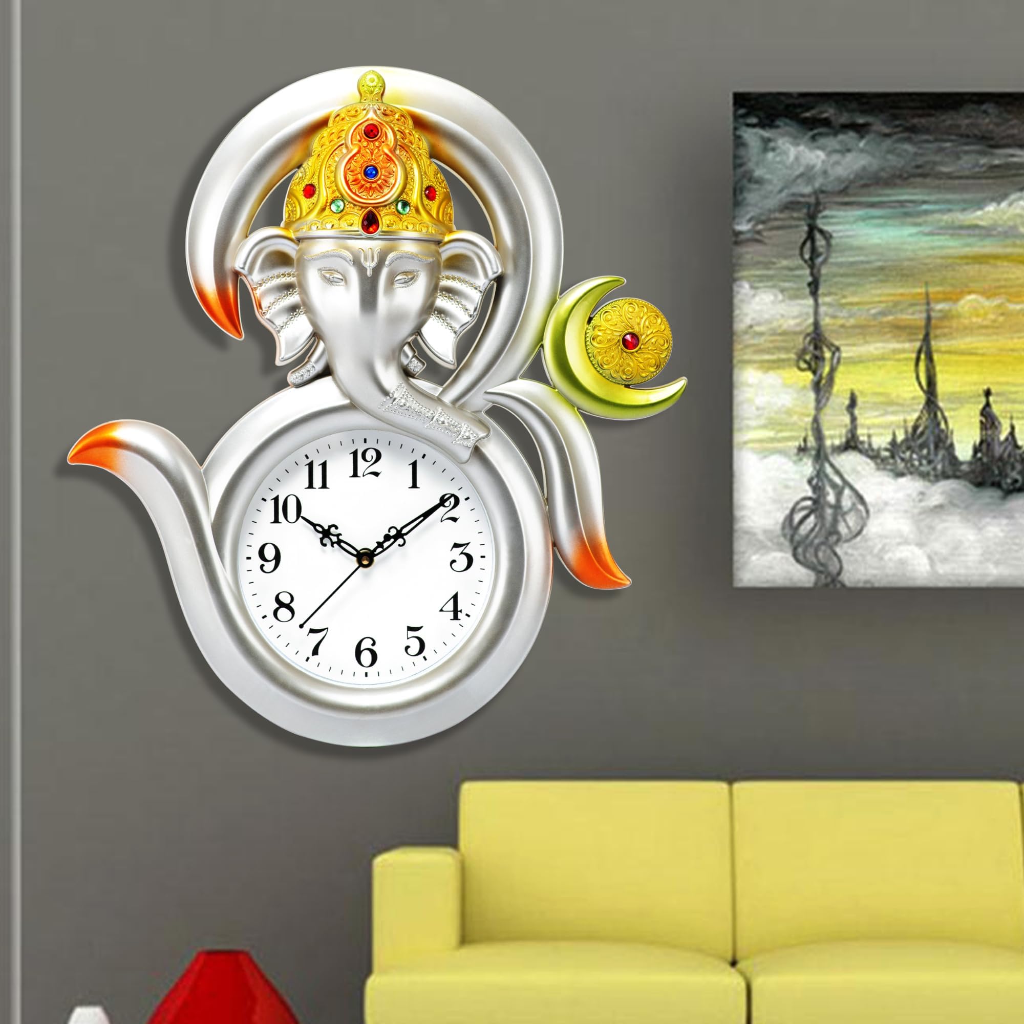 Harbour Analog Latest Stylish New Models Wall Clock with God Radha Kishan Frame for Home Living Room Hall Bedroom (Size Height 43 CM X Width 41 CM)- Home Decor Big Size Wall Clock -koset (Silver)