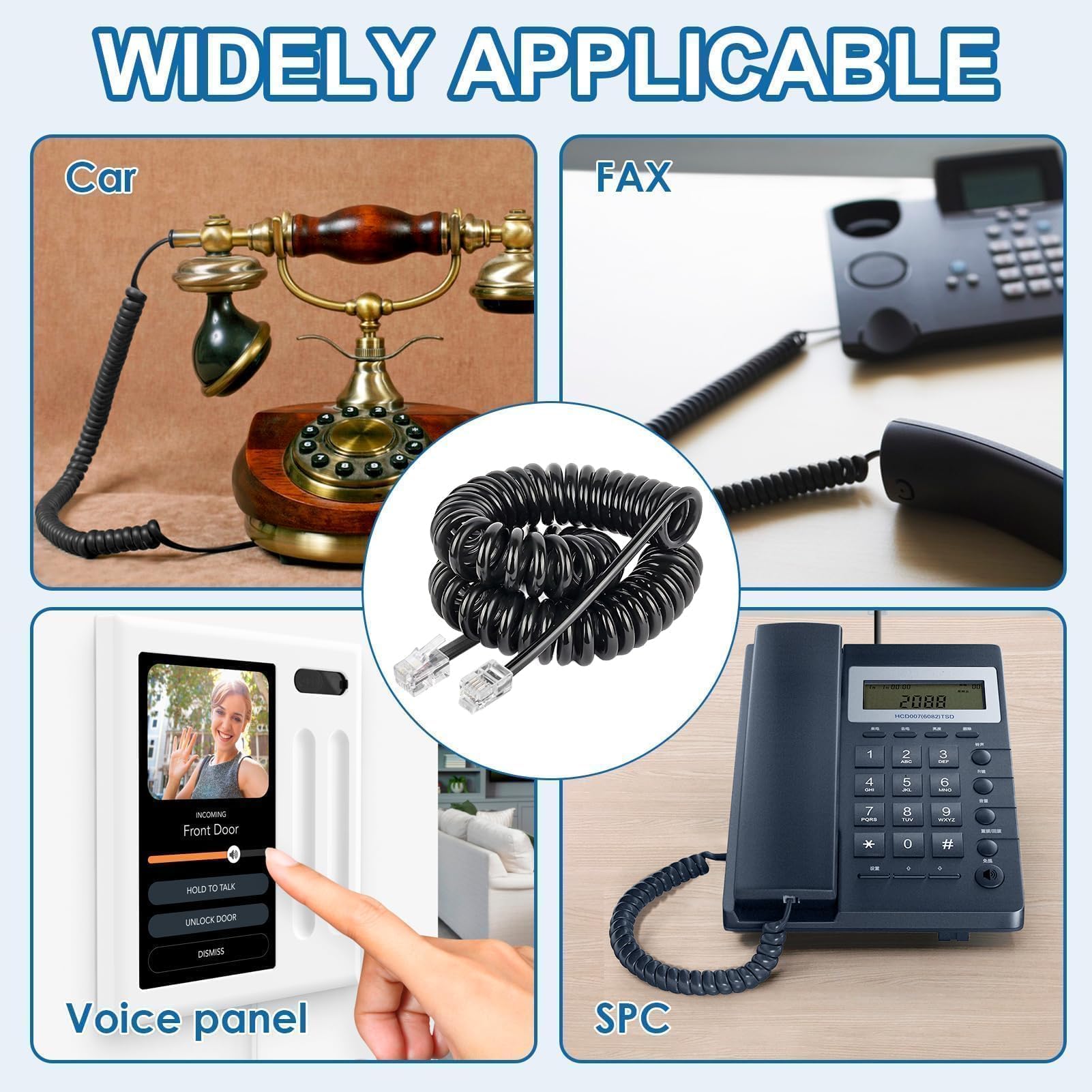 4 Pièces Cable Telephonique, 2.5M Combiné Téléphonique Câble Spiralé Cable Telephone Fixe 4P4C Cordon Fixe avec Prise Noir RJ9 pour Bureau à Domicile Téléphones Fixes AT&T Cisco NEC ROLM ITT TI