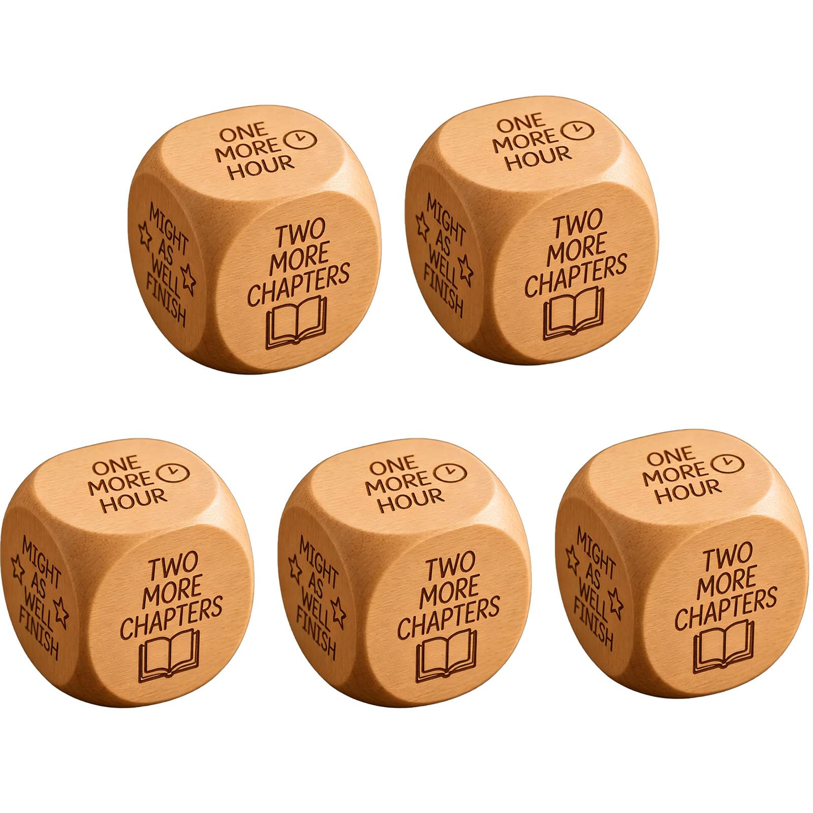 Wooden Reading Decision Dice for Book Lovers, Reading Challenge Dice with 6 Engraved Prompts, Fun Book Club Play, Bookshelf Decor, Funny Gift for Reader & Teachers & Librarians (5Pcs)
