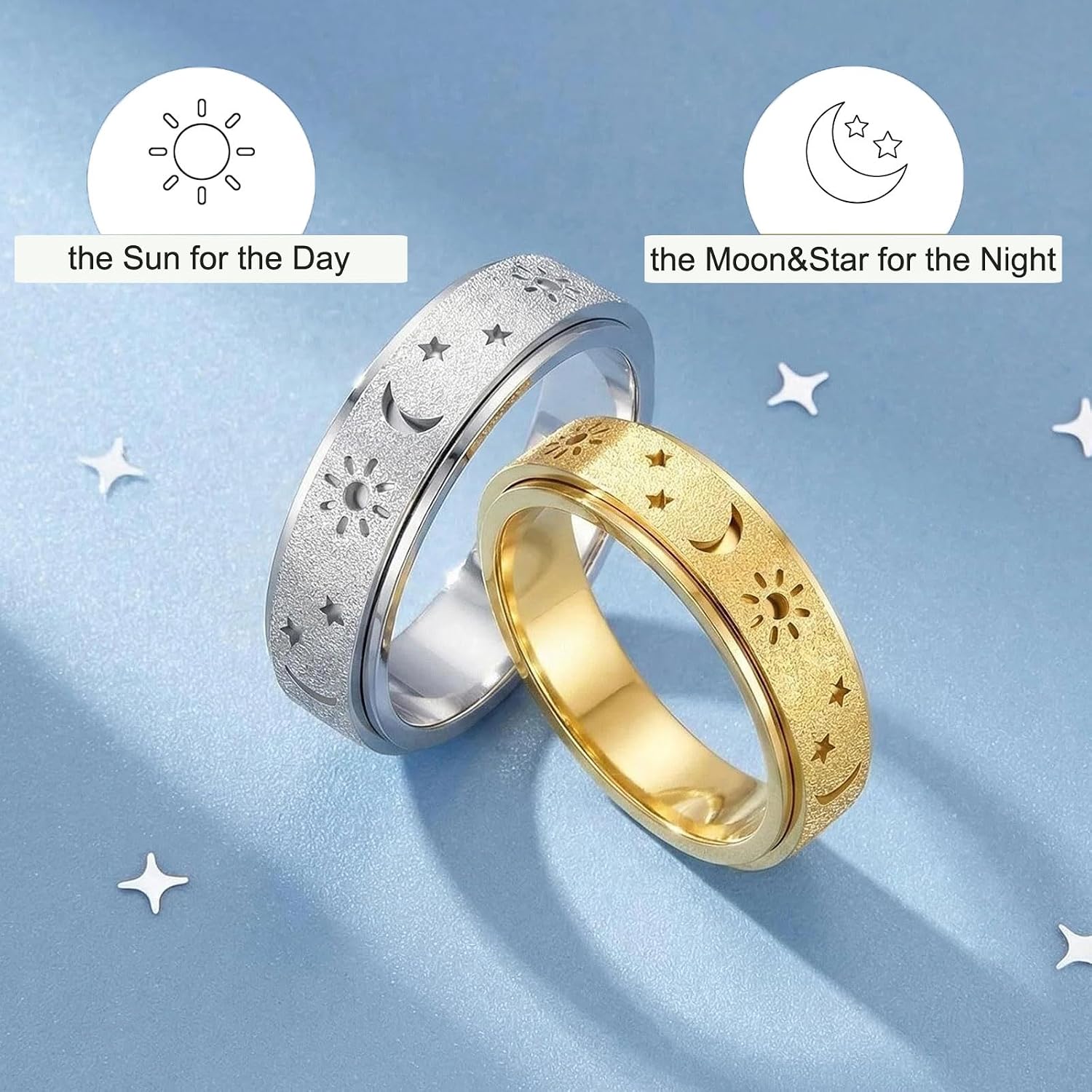 OreilleStar Fidget Anxiety Ring for Women: Sun Moon Star Symbols Fidgets Toys Adults Stress Relief Thumb Spinner Ring Stainless Steel Birthday Gift for Men Silver Gold Plated Size 6-10