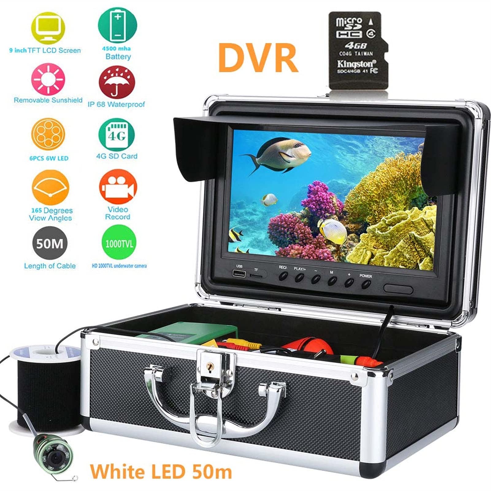 Cámara de Pesca, 9 pulgadas DVR Cámara de video de pesca bajo el agua 100 0TVL Localizador de peces HD Cámara de pesca impermeable de la grabadora con 6pcs. 1W IR LED ,Cámara de pesca submarina(White