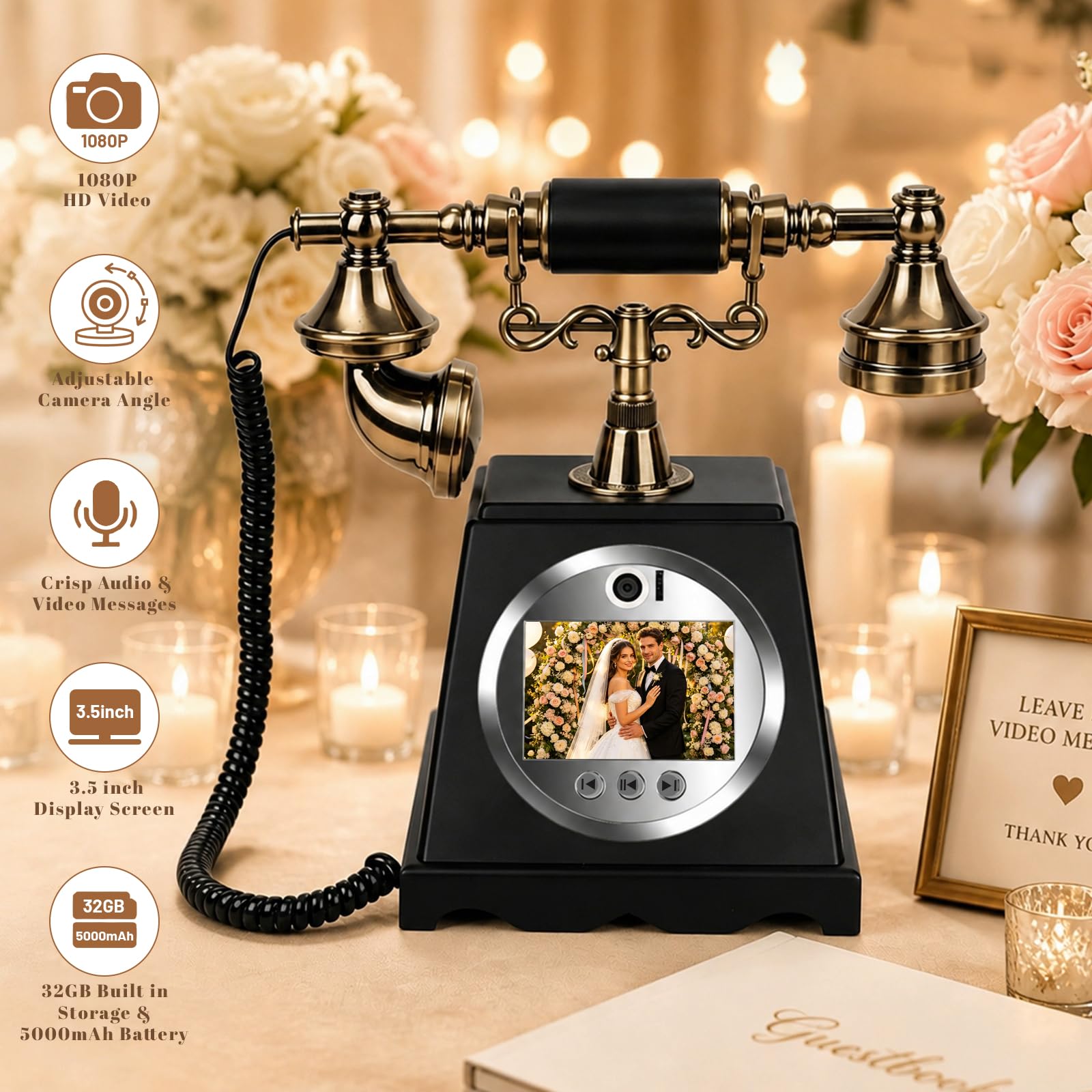 Libro degli ospiti video audio per matrimoni, 3,5 pollici, video 1080p, per matrimoni, addio al nubilato, feste di compleanno, baby shower, anniversario di fidanzamento (nero vintage)