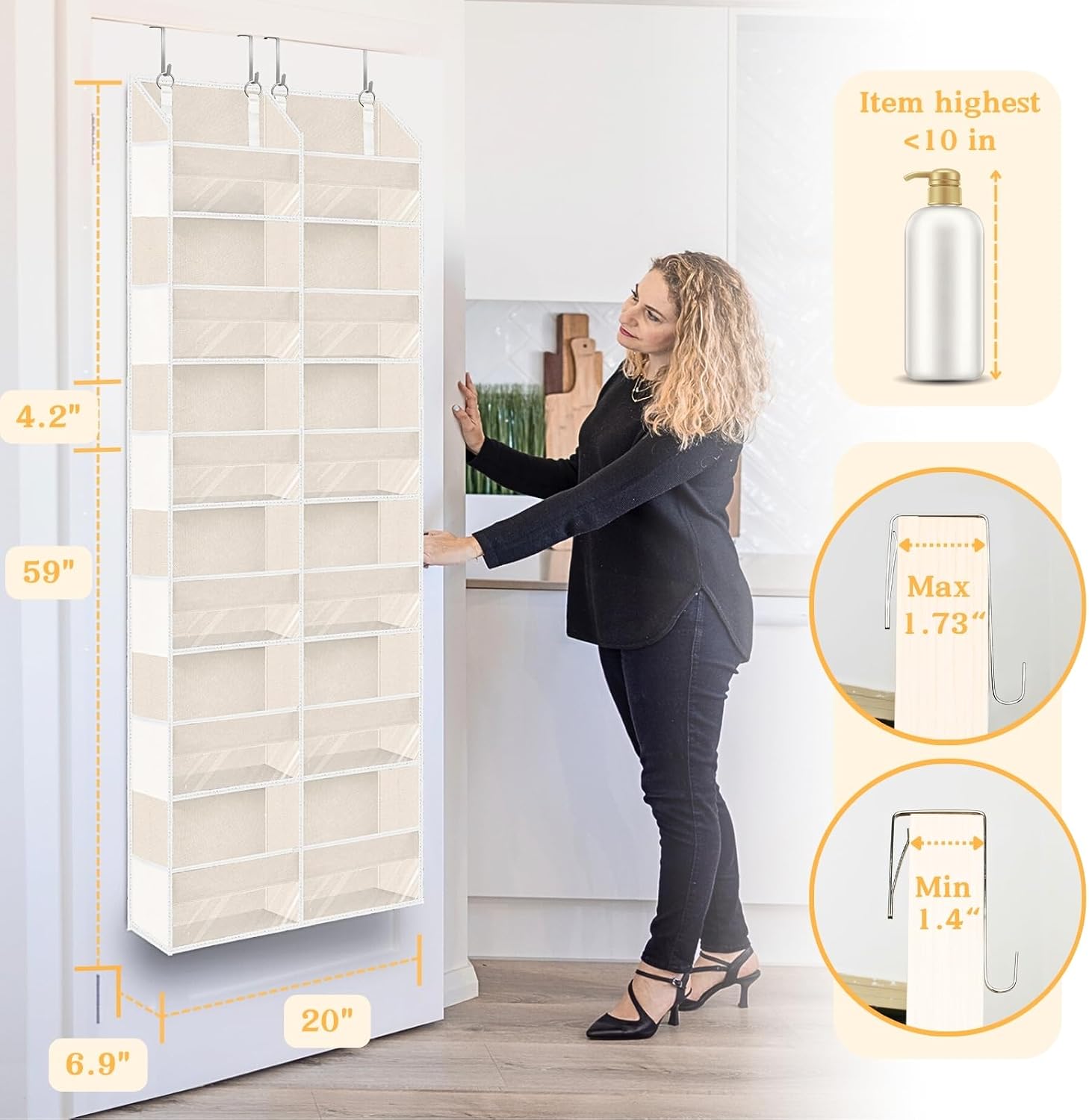 Condition photo showing New/Like New for 2 pack over the door organizer 6 tiers, extra large behind door storage of 12 compartments, 80 lbs weight capacity hanging storage organizer with clear window kids toys,shoes (6 tiers - beige) beige - 6tiers - 2 pack