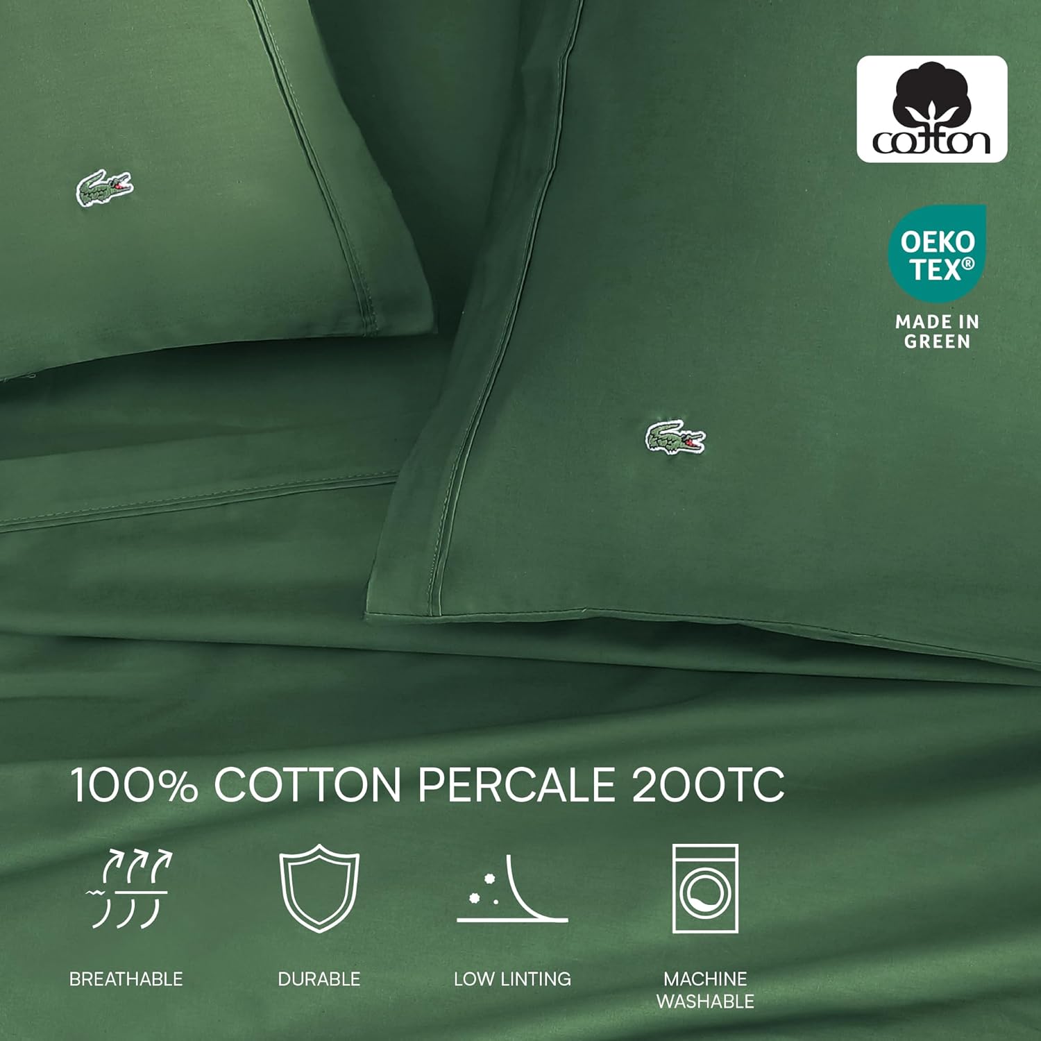 Lacoste 100% Cotton Percale 4-Piece Sheet Set – Crisp Cool Breathable All-Season Bedding, Oeko-Tex Certified, Soft Matte Finish, Durable Premium Cotton – Solid, Green, Twin XL