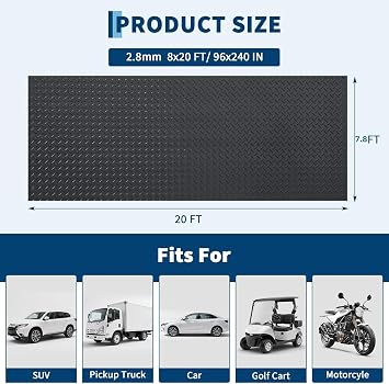 7.8x20 FT Garage Floor Mat, 2.8mm Thick Diamond Plate PVC Rubber Roll, Slip-Resistant Protection for Garage, Warehouse, Gym, Trailer, and SUV Use