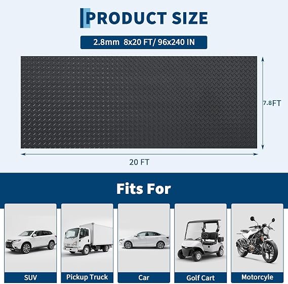 7.8x20 FT Garage Floor Mat, 2.8mm Thick Diamond Plate PVC Rubber Roll, Slip-Resistant Protection for Garage, Warehouse, Gym, Trailer, and SUV Use