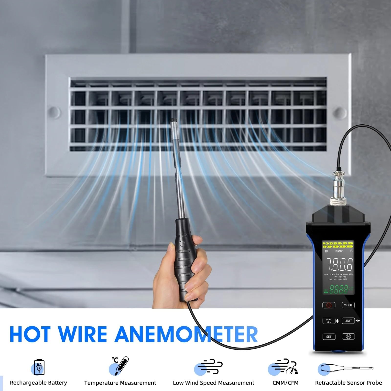 Anemómetro digital de alta precisión, medidor velocidad, temperatura y del viento con sensor retráctil, rango 0,1 a 30 m/s