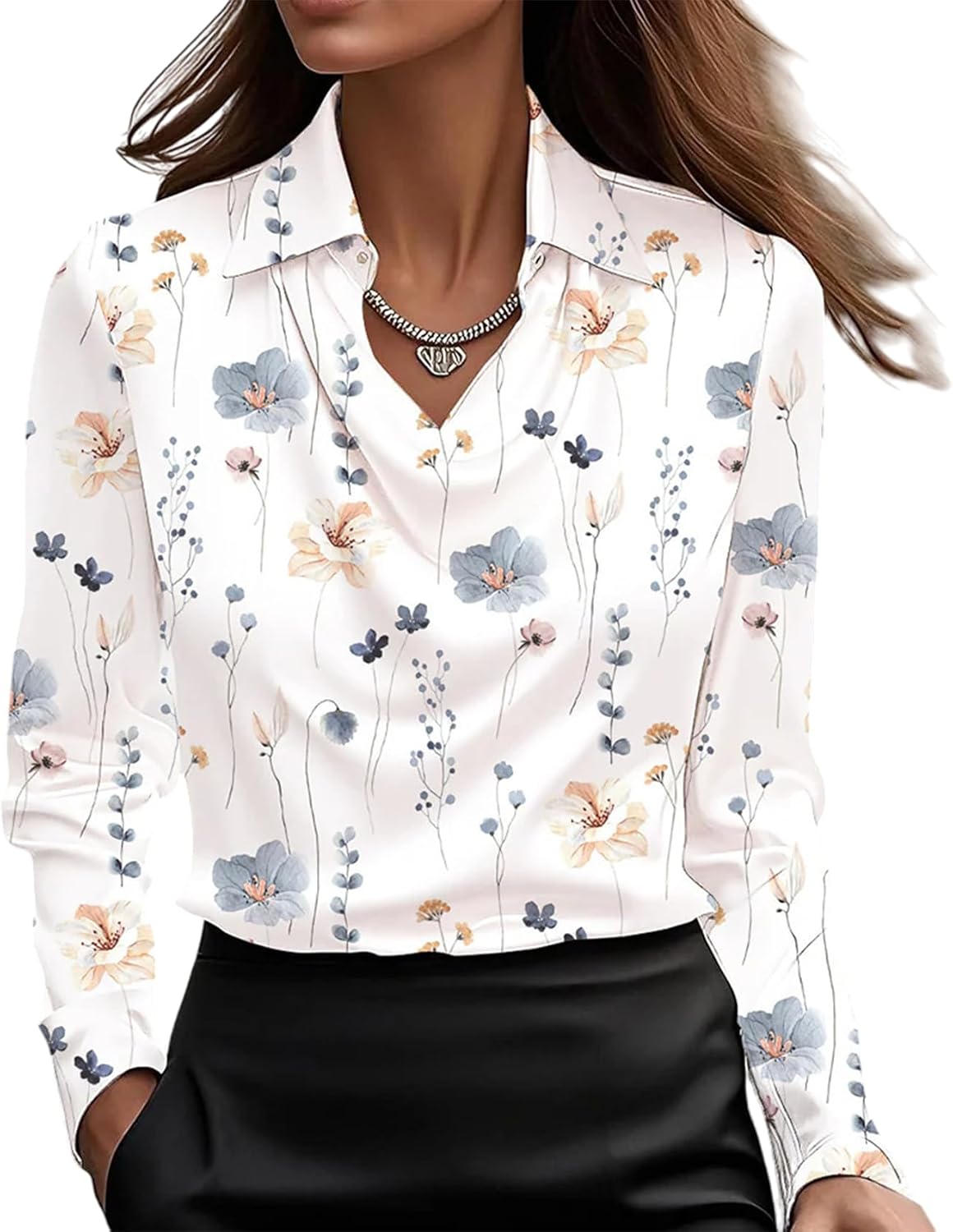 MorFansi Satijnen blouse voor dames, watervalkraag, elegante