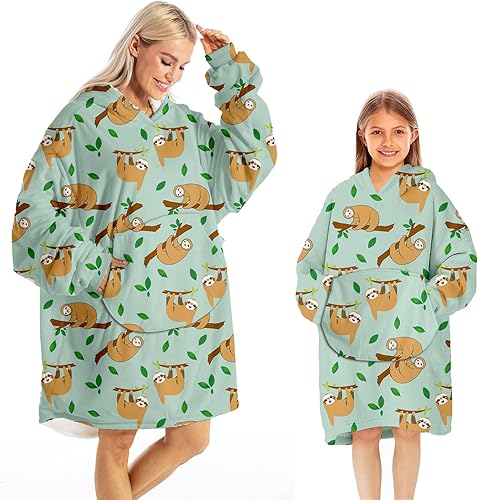 Manta con capucha para adultos manta de sherpa de gran tamaño con capucha y bolsillo gigante para mujer, Perezoso Verde