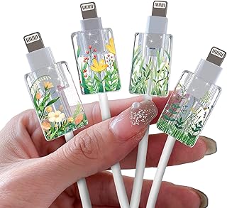 Glitter Bling Floral Flower Cable Protector for iPhone Type-c Charger,Sparkle Green Grass Pattern 4 PCS Set Cable Phone Protector for Women Girls,Charging Cord Protector,Cable Chomper,Phone Charger Saver