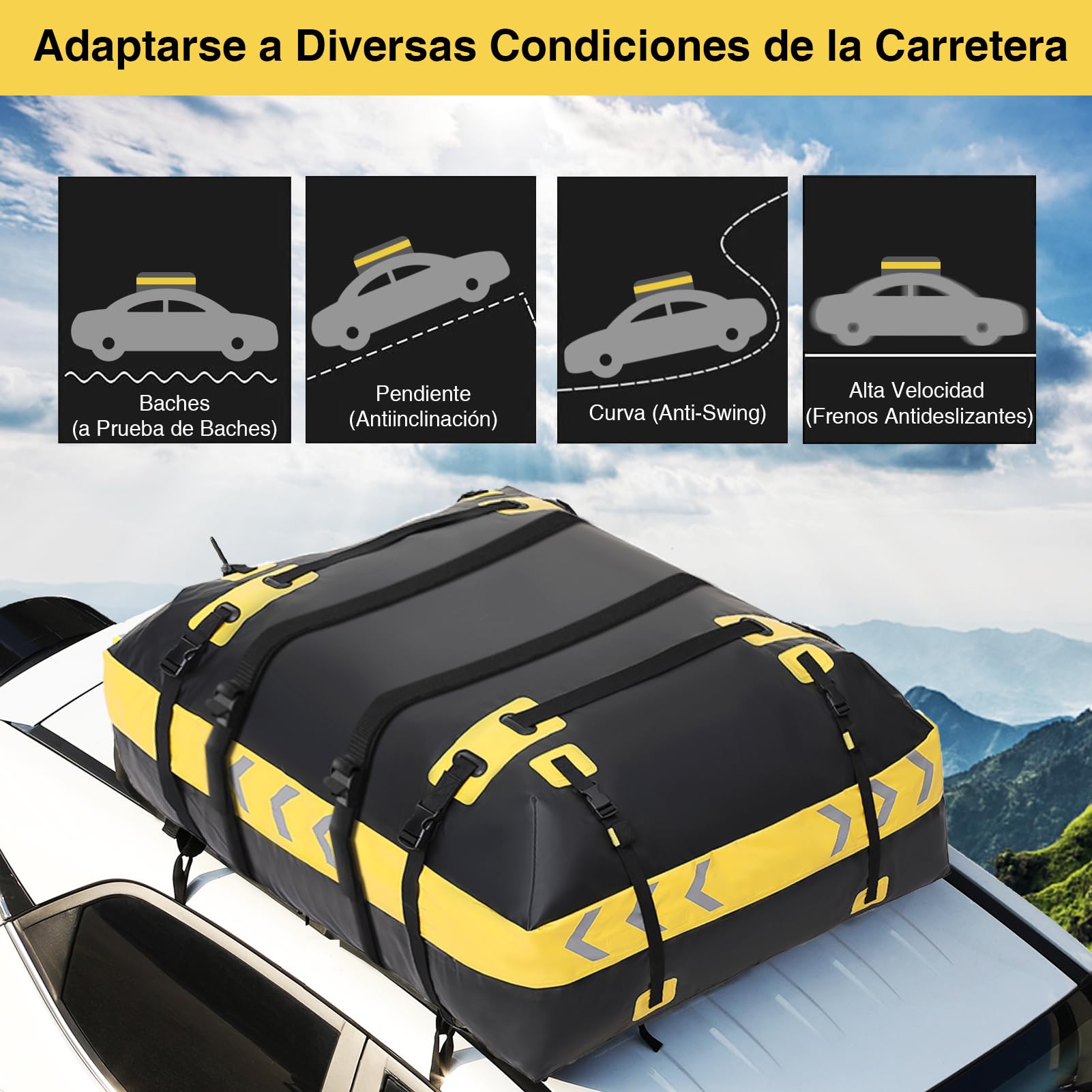 JOBYNA Bolsa de Techo, 15 Pies Cúbicos/ 425L Cofre de Techo Impermeabl para Coches con/Sin Portaequipajes, Incluye Alfombrilla Antideslizante + 6 Ganchos + Candado