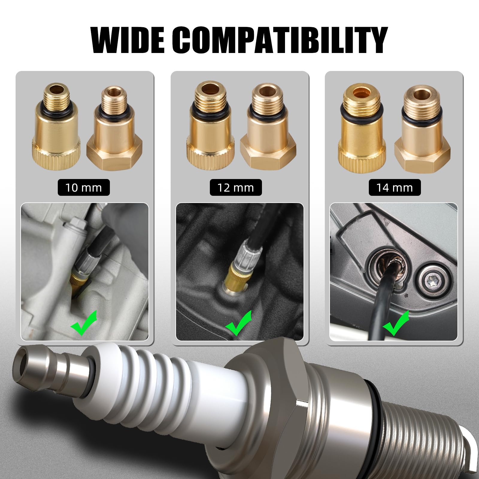 NICECNC Kit de comprobador de compresión de Cilindros de Motor con bujías de 10 mm, 12 mm y 14 mm para Motores de 2 y 4 Tiempos; manómetro de compresión y comprobaciones rápidas rutinarias del Motor