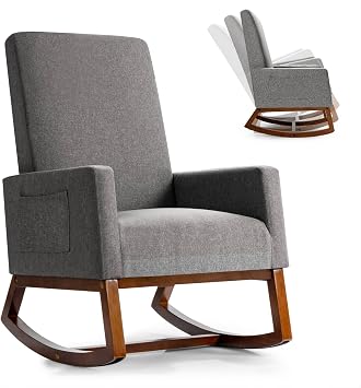 Multigot Rocking Chair, Upholstered Fabric Rocker Accent Armchair with Side Pocket, Recliner Relaxing Lounge Chair for Living Room, Bedroom, Office, Nursery Grey