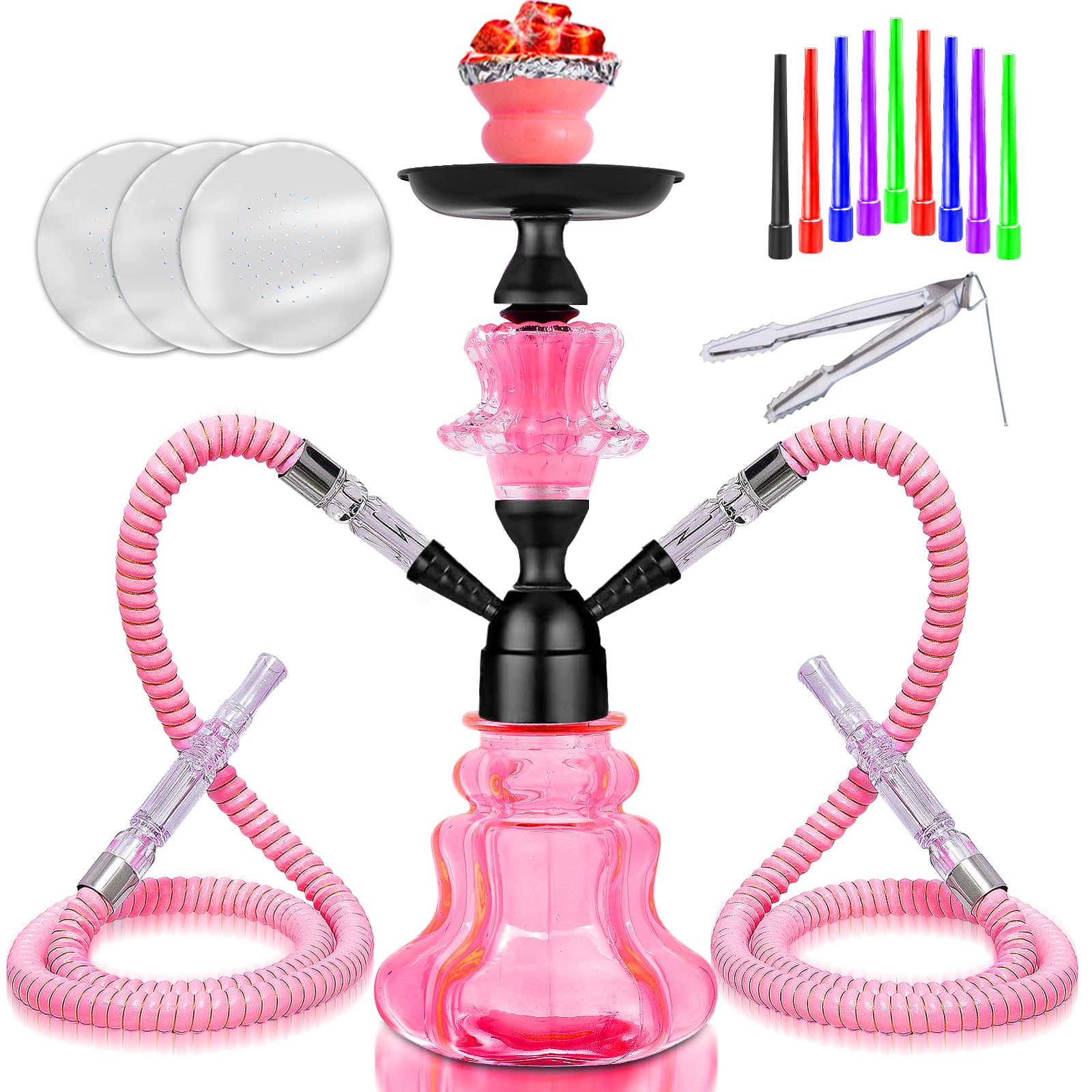 14 Premium 2-Hose Hookah Set - Complete Portable Kit with Case 20 Tips 50 Foils for Home Use