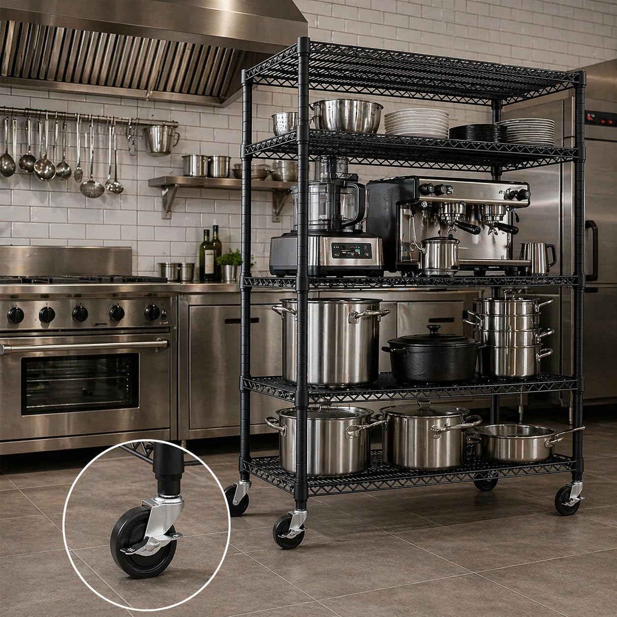 Heavy Duty 5-Tier Steel Wire Shelving Unit with Wheels, 1750 lbs Total Capacity, Adjustable Metal Storage Rack for Garage Warehouse Industrial Use, Black, 47.25" W x 17.75" D x 77" H